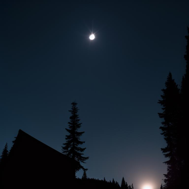 Prompt: Small old  falling apart cottage with paper on the widows on a pacific northwest cliff in the trees. Add Total Solar Eclipse