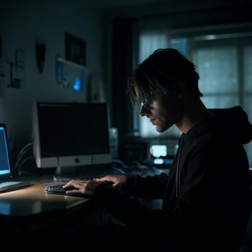 Prompt: male Hacker working on computer AI image in dark room; in a cluttered house

