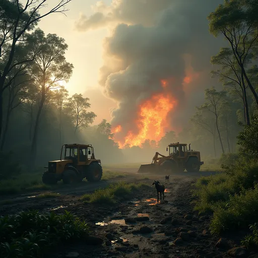Prompt: Devastated rainforest landscape with bulldozers cutting trees, smoke from burning vegetation, scared animals running, ultra-realistic 8K, dramatic lighting.