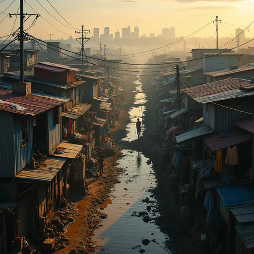 Prompt: A hyper-realistic, 8K wide-angle photo of a sprawling urban slum at golden hour, showcasing:

Foreground: Narrow, muddy alleyways with open sewage drains, tangled electrical wires overhead, and makeshift houses built from corrugated metal/plastic sheets. Clotheslines with faded fabrics stretch between buildings.

Midground: A dense sea of slum rooftops (rusty tin, tarpaulin) fading into the distance, with a contrasting modern skyline (gleaming skyscrapers, cranes constructing new towers) visible across a polluted river or highway.

Human Element: Children playing near dirty water puddles, street vendors cooking on open fires, and exhausted laborers returning from work.

Atmosphere: Hazy air from nearby traffic/industries, warm sunset light casting long shadows, and a sense of claustrophobic chaos.

Style: Documentary photojournalism (like Sebastião Salgado), shot on a Canon EOS R5, ultra-detailed textures (grime, peeling paint), cinematic depth of field