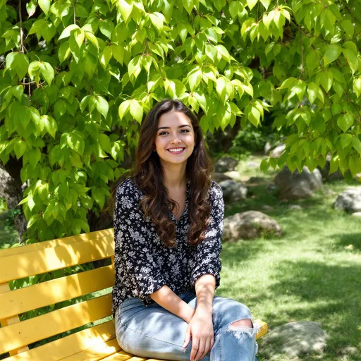 Prompt: Basking in the warmth of a sunny day, a young woman sits casually on a weathered yellow bench, surrounded by a lush green environment. She wears a patterned black and white blouse paired with relaxed jeans, exuding a sense of comfort and ease. The vibrant foliage of a tree stretches overhead, casting gentle shadows on the ground while hints of the surroundings peek through—rocks and other greenery are scattered in the backdrop. The scene conveys a peaceful, leisurely afternoon, inviting contemplation and a connection with nature amidst a tranquil outdoor setting.