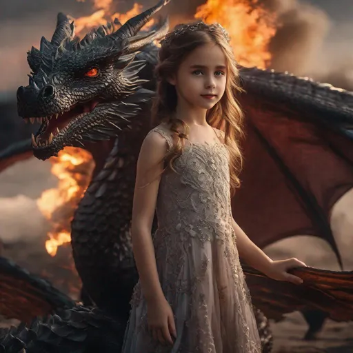 Prompt: most beautiful 8-year-old girl in the world, of the sholder Dress, full body, girl having an alluring look in her eyes, trending on artstation, sharp focus, studio photo, intricate details, highly detailed, full body, fantasy, full body UHD, bloom, riding on a drogon blowing out fire