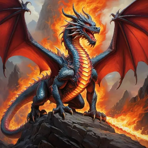 Prompt: A majestic dragon, its massive form emanating power and menace, unleashes a torrent of scorching fire from its gaping maw. This stunning creature is depicted in a vivid oil painting, capturing every nuance of its fiery breath and armored scales. The intricate details of the dragon's gleaming crimson scales and smoldering eyes are brought to life with exquisite precision, making this image a masterpiece of fantastical artistry.