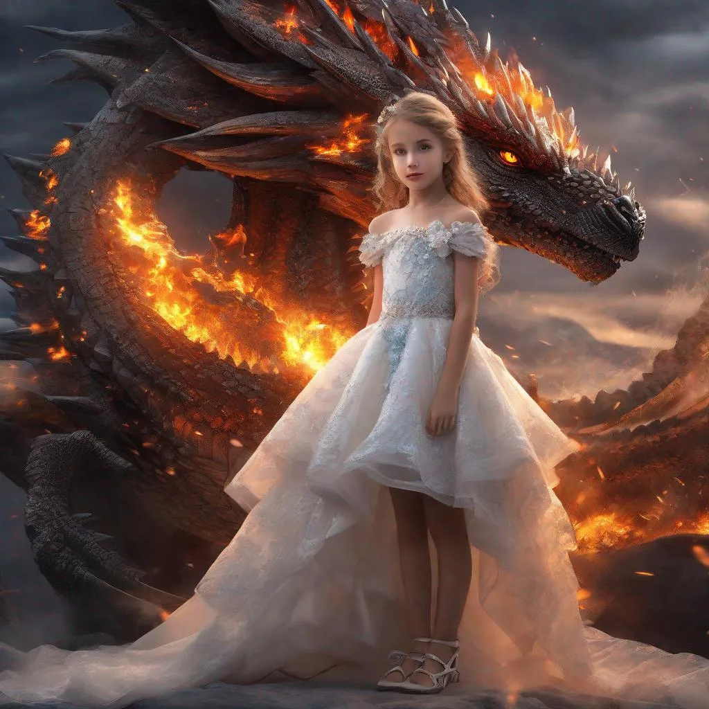 Prompt: most beautiful 8-year-old girl in the world, of the sholder Dress, full body, girl having an alluring look in her eyes, trending on artstation, sharp focus, studio photo, intricate details, highly detailed, full body, fantasy, full body UHD, bloom, riding on a drogon blowing out fire