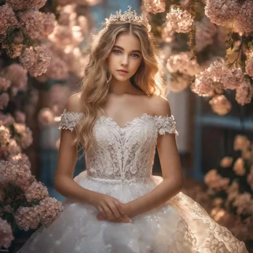 Prompt: most beautiful 12-year-old girl in the world, off the shoulder Dress, full body, girl having an alluring look in her eyes, trending on art station, sharp focus, studio photo, intricate details, highly detailed, full body, full body UHD, bloom, blond hair,