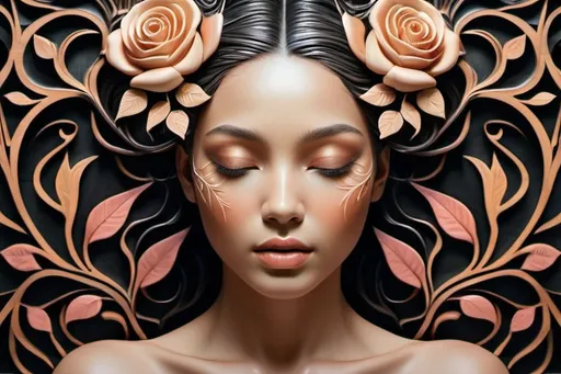 Prompt: Visualize an (((intertwined young female form))) made up of flowing lines that mirror the intricate patterns of (((detailed wood grain))), representing the strength and elegance of trees. The skin is adorned with (((delicate leaf veins and vibrant rose blooms))), symbolizing the interconnectedness of life and nature. This surreal composition exudes a profound, almost mystical connection with the environment, capturing the essence of botanical growth and its enigmatic power. The artist's palette is carefully chosen to reflect the lush vibrancy of nature and the subtle tones of human skin, creating a harmonious blend that invites the viewer into a serene, surreal world where the lines between humanity and nature are intricately and beautifully interwoven

















