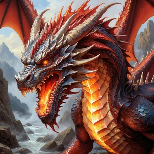Prompt: A majestic dragon, its massive form emanating power and menace, unleashes a torrent of scorching fire from its gaping maw. This stunning creature is depicted in a vivid oil painting, capturing every nuance of its fiery breath and armored scales. The intricate details of the dragon's gleaming crimson scales and smoldering eyes are brought to life with exquisite precision, making this image a masterpiece of fantastical artistry.