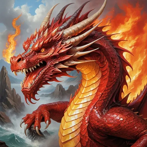 Prompt: A majestic dragon, its massive form emanating power and menace, unleashes a torrent of scorching fire from its gaping maw. This stunning creature is depicted in a vivid oil painting, capturing every nuance of its fiery breath and armored scales. The intricate details of the dragon's gleaming crimson scales and smoldering eyes are brought to life with exquisite precision, making this image a masterpiece of fantastical artistry.