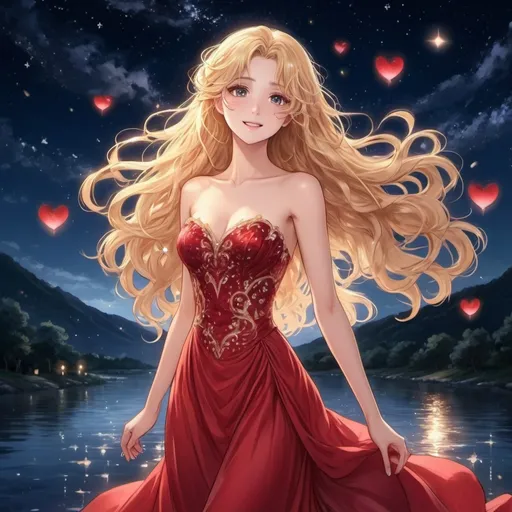 Prompt: Elegant and majestic girl with long blonde hair, wavy red evening gown with hearts in the design, singing by a starry river as she gives off an aura of love and passion under the night sky anime.

