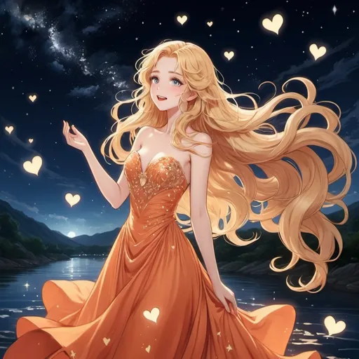 Prompt: Elegant and majestic girl with long blonde hair, wavy orange evening gown with hearts in the design, singing by a starry river as she gives off an aura of love and passion under the night sky anime.

