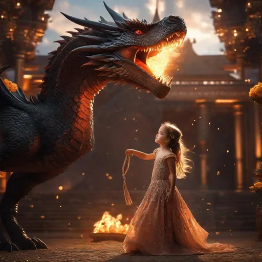 Prompt: most beautiful 8-year-old girl in the world, of the sholder Dress, full body, girl having an alluring look in her eyes, trending on artstation, sharp focus, studio photo, intricate details, highly detailed, full body, fantasy, full body UHD, bloom, riding on a drogon blowing out fire