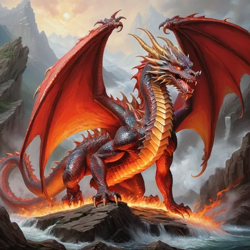 Prompt: A majestic dragon, its massive form emanating power and menace, unleashes a torrent of scorching fire from its gaping maw. This stunning creature is depicted in a vivid oil painting, capturing every nuance of its fiery breath and armored scales. The intricate details of the dragon's gleaming crimson scales and smoldering eyes are brought to life with exquisite precision, making this image a masterpiece of fantastical artistry.