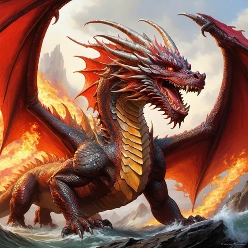 Prompt: A majestic dragon, its massive form emanating power and menace, unleashes a torrent of scorching fire from its gaping maw. This stunning creature is depicted in a vivid oil painting, capturing every nuance of its fiery breath and armored scales. The intricate details of the dragon's gleaming crimson scales and smoldering eyes are brought to life with exquisite precision, making this image a masterpiece of fantastical artistry.