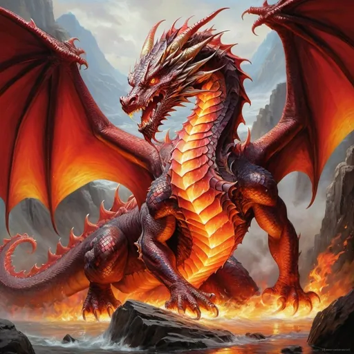 Prompt: A majestic dragon, its massive form emanating power and menace, unleashes a torrent of scorching fire from its gaping maw. This stunning creature is depicted in a vivid oil painting, capturing every nuance of its fiery breath and armored scales. The intricate details of the dragon's gleaming crimson scales and smoldering eyes are brought to life with exquisite precision, making this image a masterpiece of fantastical artistry.