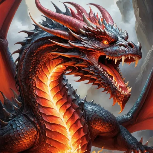 Prompt: A majestic dragon, its massive form emanating power and menace, unleashes a torrent of scorching fire from its gaping maw. This stunning creature is depicted in a vivid oil painting, capturing every nuance of its fiery breath and armored scales. The intricate details of the dragon's gleaming crimson scales and smoldering eyes are brought to life with exquisite precision, making this image a masterpiece of fantastical artistry.