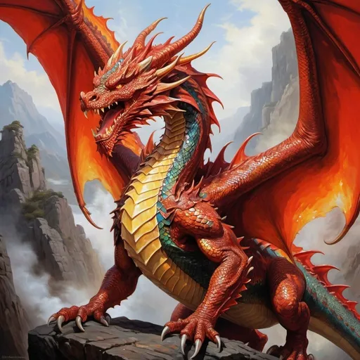 Prompt: A majestic dragon, its massive form emanating power and menace, unleashes a torrent of scorching fire from its gaping maw. This stunning creature is depicted in a vivid oil painting, capturing every nuance of its fiery breath and armored scales. The intricate details of the dragon's gleaming crimson scales and smoldering eyes are brought to life with exquisite precision, making this image a masterpiece of fantastical artistry.