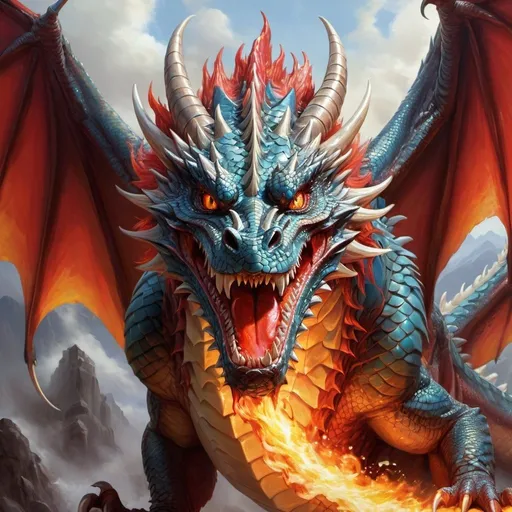 Prompt: A majestic dragon, its massive form emanating power and menace, unleashes a torrent of scorching fire from its gaping maw. This stunning creature is depicted in a vivid oil painting, capturing every nuance of its fiery breath and armored scales. The intricate details of the dragon's gleaming crimson scales and smoldering eyes are brought to life with exquisite precision, making this image a masterpiece of fantastical artistry.