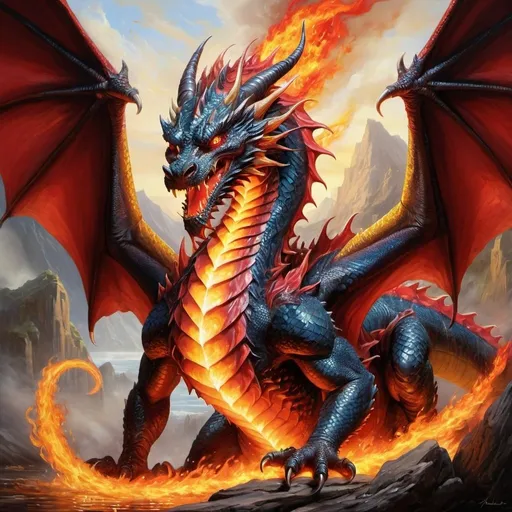 Prompt: A majestic dragon, its massive form emanating power and menace, unleashes a torrent of scorching fire from its gaping maw. This stunning creature is depicted in a vivid oil painting, capturing every nuance of its fiery breath and armored scales. The intricate details of the dragon's gleaming crimson scales and smoldering eyes are brought to life with exquisite precision, making this image a masterpiece of fantastical artistry.