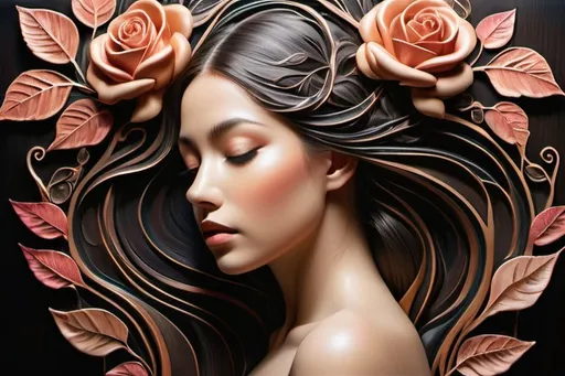 Prompt: Visualize an (((intertwined young female form))) made up of flowing lines that mirror the intricate patterns of (((detailed wood grain))), representing the strength and elegance of trees. The skin is adorned with (((delicate leaf veins and vibrant rose blooms))), symbolizing the interconnectedness of life and nature. This surreal composition exudes a profound, almost mystical connection with the environment, capturing the essence of botanical growth and its enigmatic power. The artist's palette is carefully chosen to reflect the lush vibrancy of nature and the subtle tones of human skin, creating a harmonious blend that invites the viewer into a serene, surreal world where the lines between humanity and nature are intricately and beautifully interwoven

















