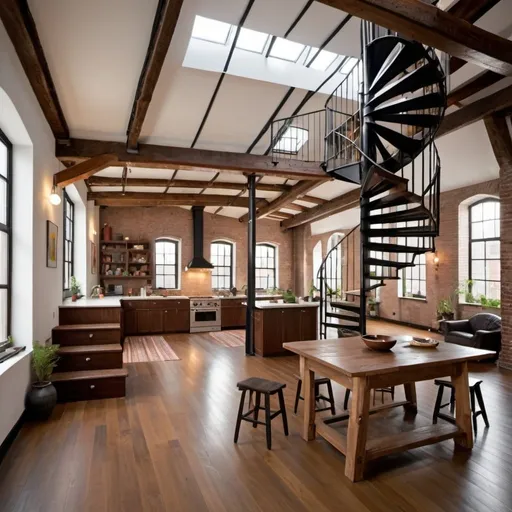 Prompt: A spacious loft apartment with skylights, open floor plan, spiral staircase and open beams