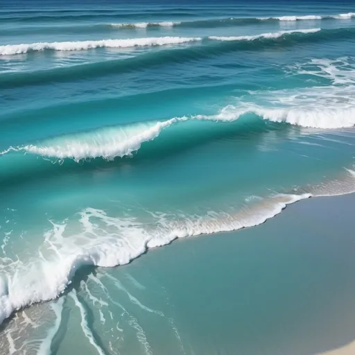 Prompt: Realistic vibrant ocean scene with clear blue water, white cap waves and white sand beach