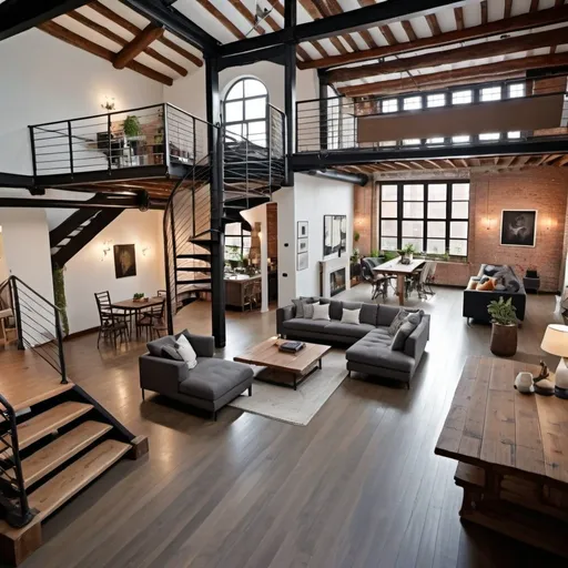 Prompt: A beautiful spacious loft apartment with skylights, open floor plan, spiral staircase leading to loft and open beams, floor to ceiling windows
