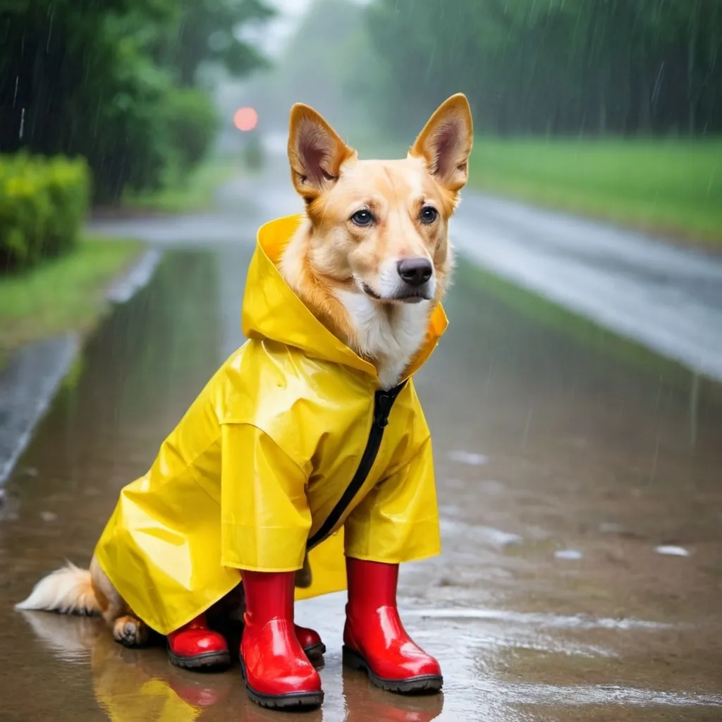 Prompt: yellow dog with red boots iin a raincoat
