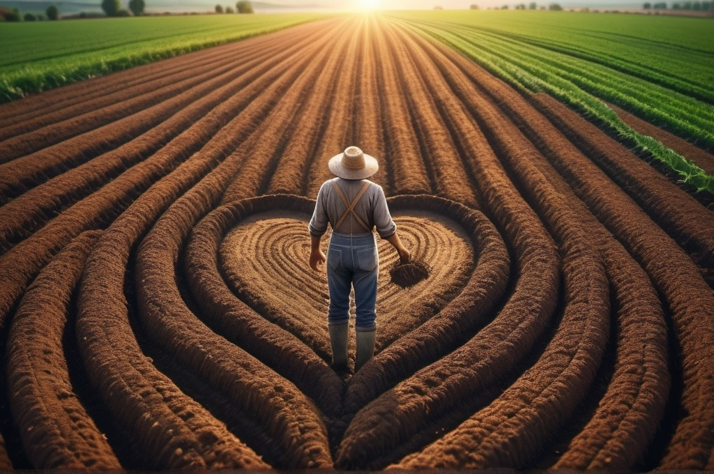 Prompt: A farmer Plants seeds, to grow Fruit in a ploughed Field that looks like a Human Heart