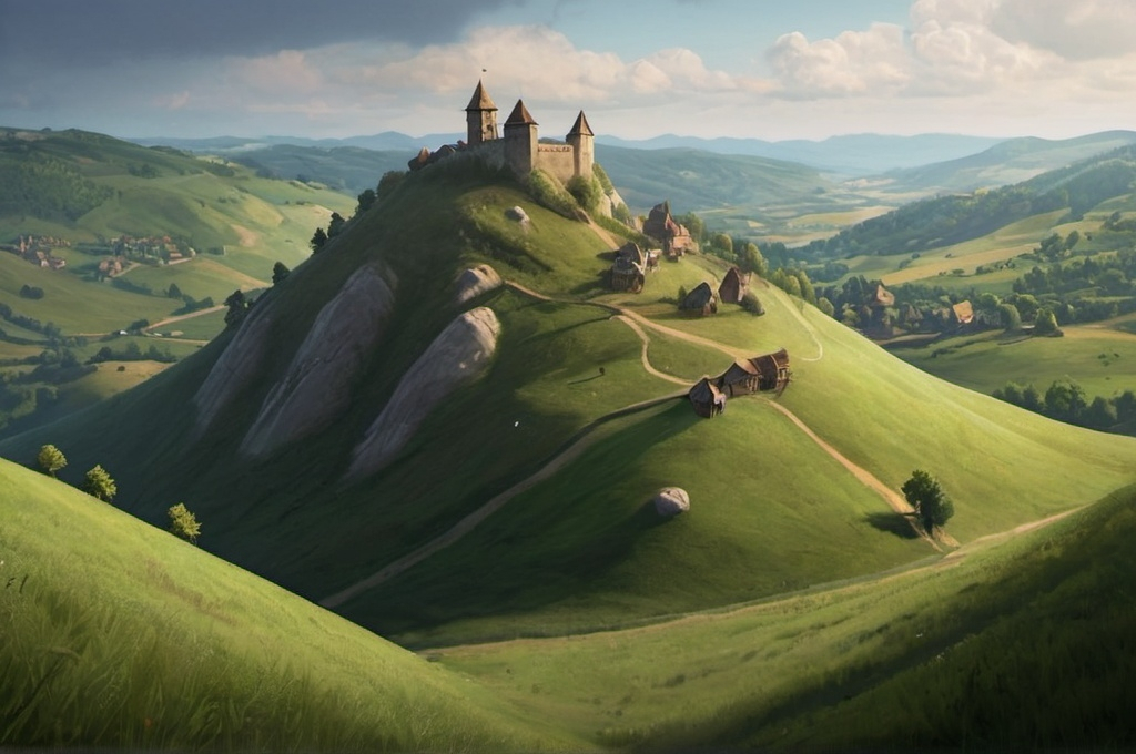 Prompt: Yonder Medieval Hill and Valley