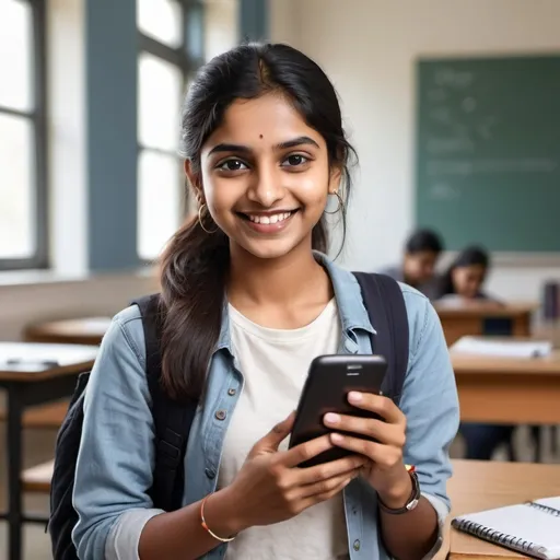 Prompt: Create an image of a cheerful college Indian girl student, around 23 years old, holding a smartphone. She should be smiling and looking pleased, with the phone screen showing a study planner app. She is wearing casual clothes, and the background should be a cozy study space or a classroom. background should be blank
