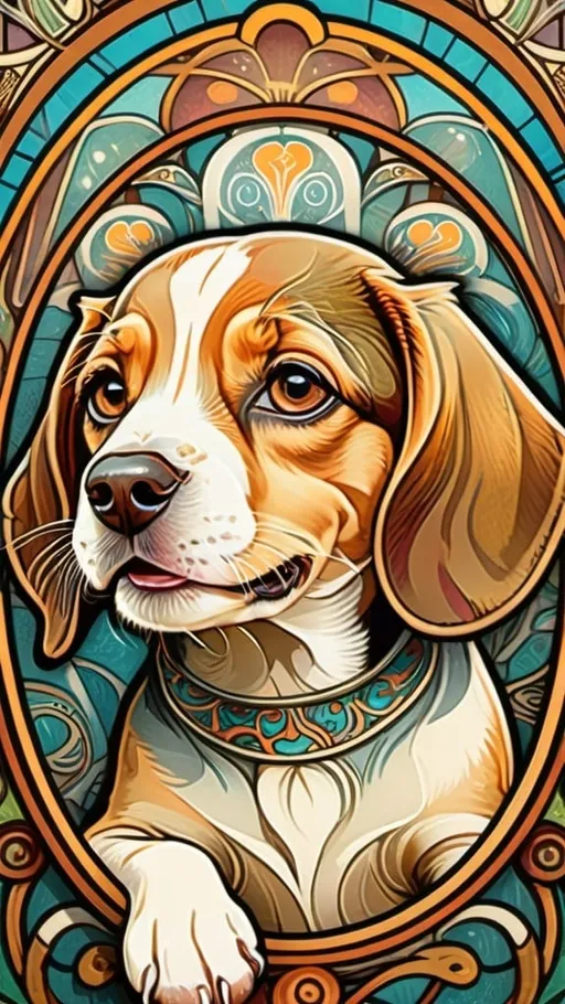 Prompt: Alphonse Mucha Style, art nouveau illustration of a puppy beagle dog, bright eyes, smiling, thick lines, intricate details, beautiful colors, HD