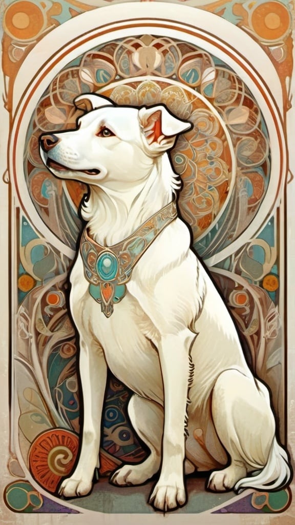 Prompt: Alphonse Mucha Style, art nouveau illustration of the full body of a white dog, bright eyes, dog profile, thick lines, intricate details, beautiful colors, vintage background and pattern