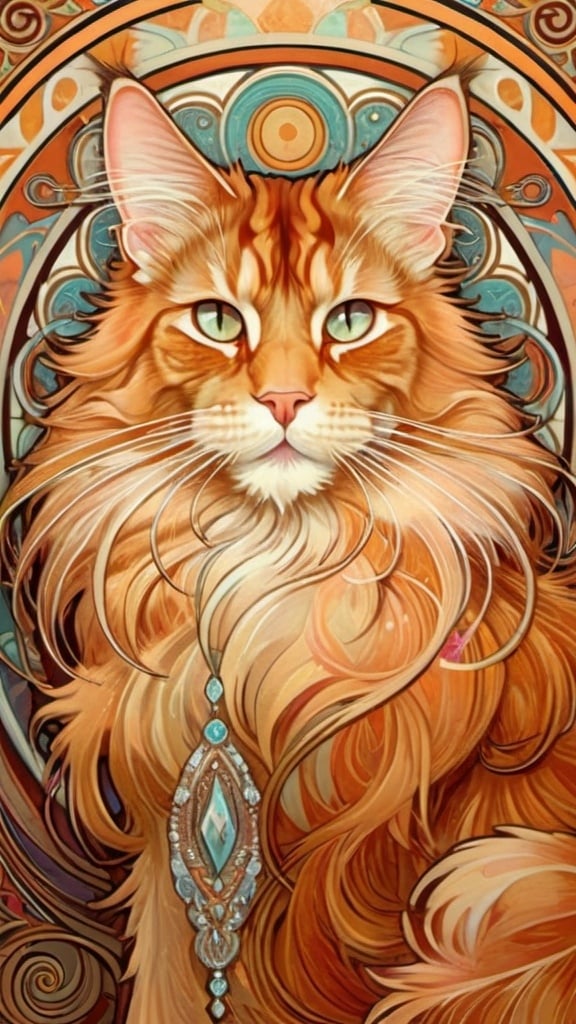 Prompt: Alphonse Mucha Style, art nouveau illustration of a Maine Coon, wearing diamonds, thick lines, intricate details, beautiful colors, exquisite pattern, using circles, bright warm color, low saturation