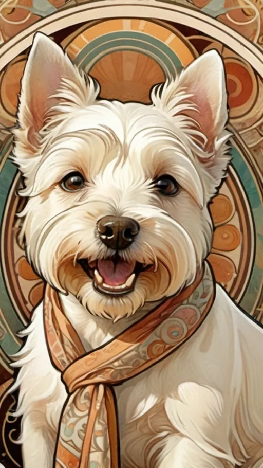 Prompt: Alphonse Mucha Style, art nouveau illustration of a west highland white terrier dog, happy face, wearing silk scarf, thick lines, intricate details, beautiful colors, vintage, exquisite pattern, using circles in the background, warm color.