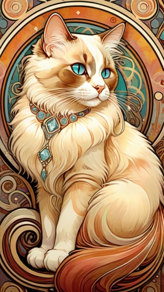 Prompt: Alphonse Mucha Style, art nouveau illustration of a Ragdoll cat, wearing diamonds, thick lines, intricate details, beautiful colors, exquisite pattern, using circles, bright warm color, low saturation