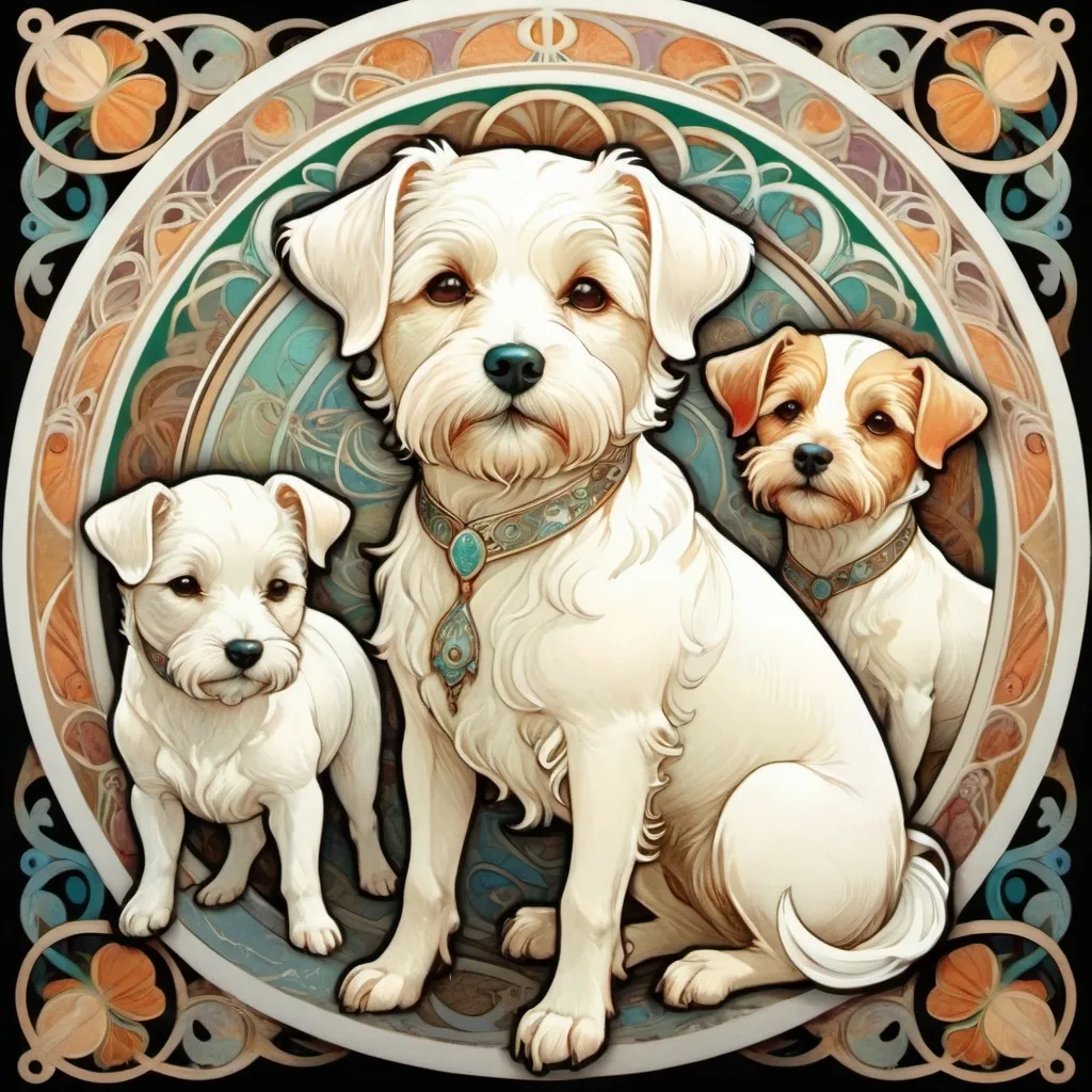 Prompt: Alphonse Mucha Style, art nouveau illustration of a cute white dog, Terrier Group，thick lines, intricate details, beautiful colors