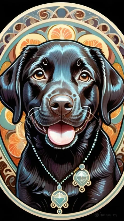 Prompt: Alphonse Mucha Style, art nouveau illustration of a black lab puppy, happy face, wearing diamonds, thick lines, intricate details, beautiful colors, exquisite pattern, using circles, bright warm color, low saturation