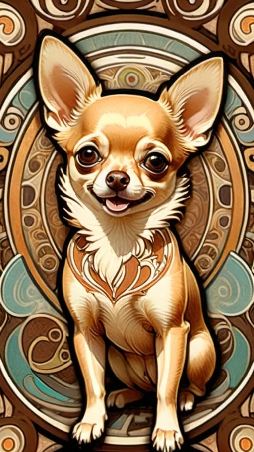Prompt: Alphonse Mucha Style, art nouveau illustration of a chihuahua dog, happy face, furry, thick lines, intricate details, beautiful colors, vintage, exquisite brown pattern, using round circles in background