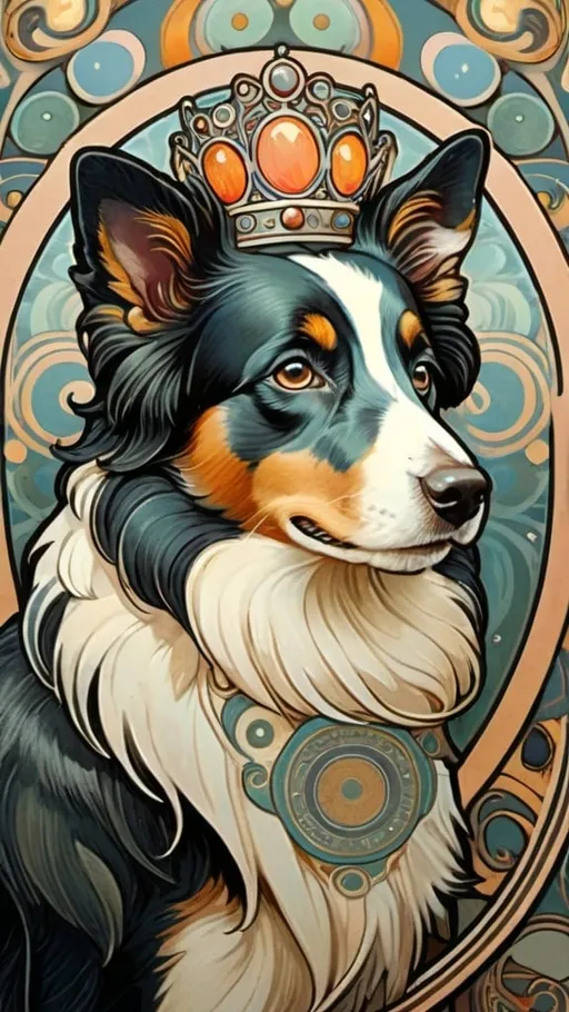 Prompt: Alphonse Mucha Style, art nouveau illustration of a border collie, wearing a crown, thick lines, intricate details, beautiful colors, exquisite pattern, using circles, low saturation