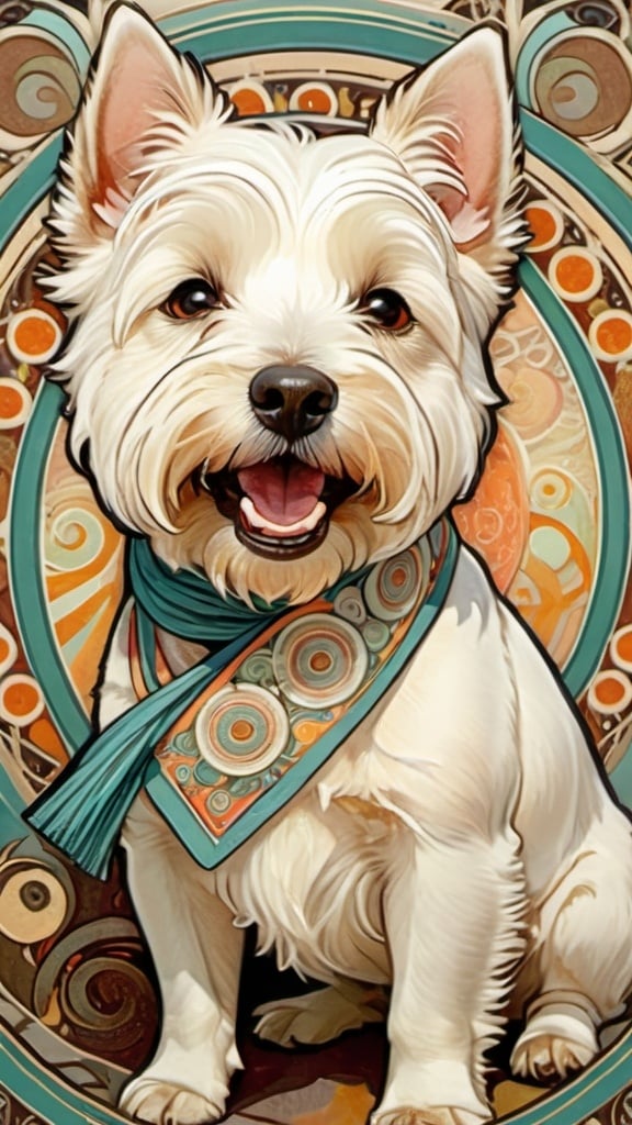 Prompt: Alphonse Mucha Style, art nouveau illustration of a west highland white terrier dog, happy face, wearing silk scarf, thick lines, intricate details, beautiful colors, vintage, exquisite pattern, using circles, bright color