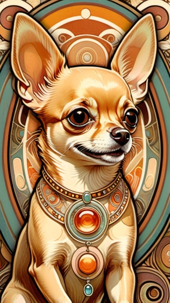 Prompt: Alphonse Mucha Style, art nouveau illustration of a chihuahua dog, happy face, wearing jewelry, thick lines, intricate details, beautiful colors, vintage, exquisite pattern, using round circles in background, warm color.