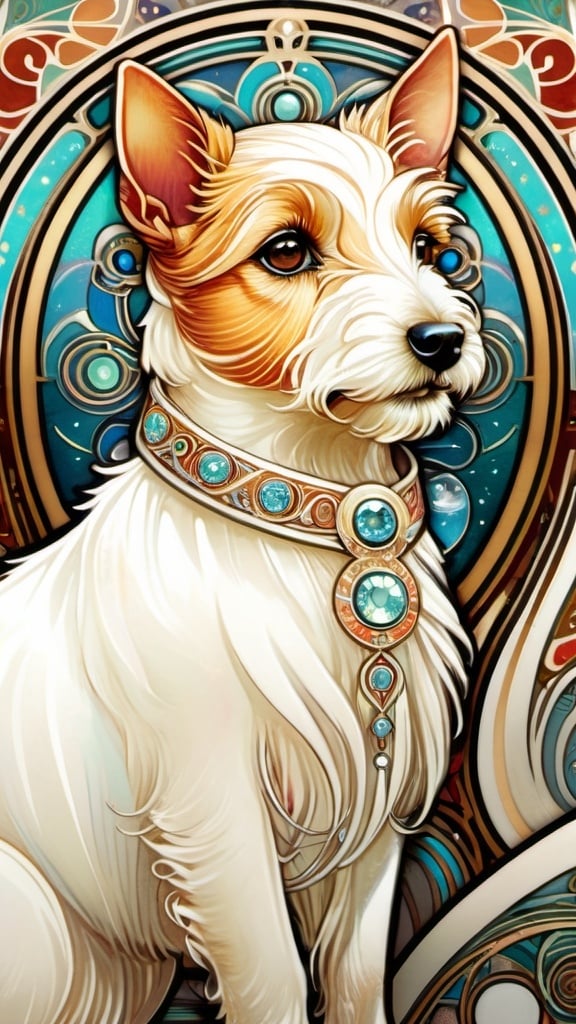 Prompt: Alphonse Mucha Style, art nouveau illustration of a terrier dog, white fur, wearing jewelry, glittering eyes, thick lines, intricate details, beautiful colors