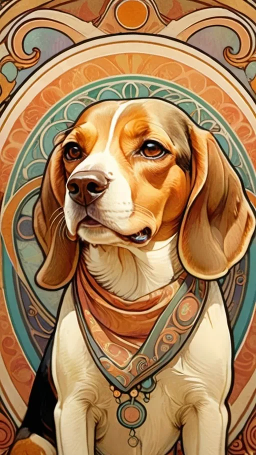 Prompt: Alphonse Mucha Style, art nouveau illustration of a beagle, happy face, wearing silk scarf, thick lines, intricate details, beautiful colors, exquisite pattern, using circles, bright warm color, low saturation