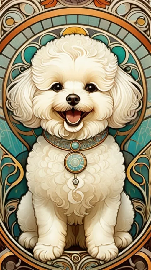 Prompt: Alphonse Mucha Style, art nouveau illustration of a bichon dog, happy face, furry, thick lines, intricate details, beautiful colors, vintage, exquisite background and pattern