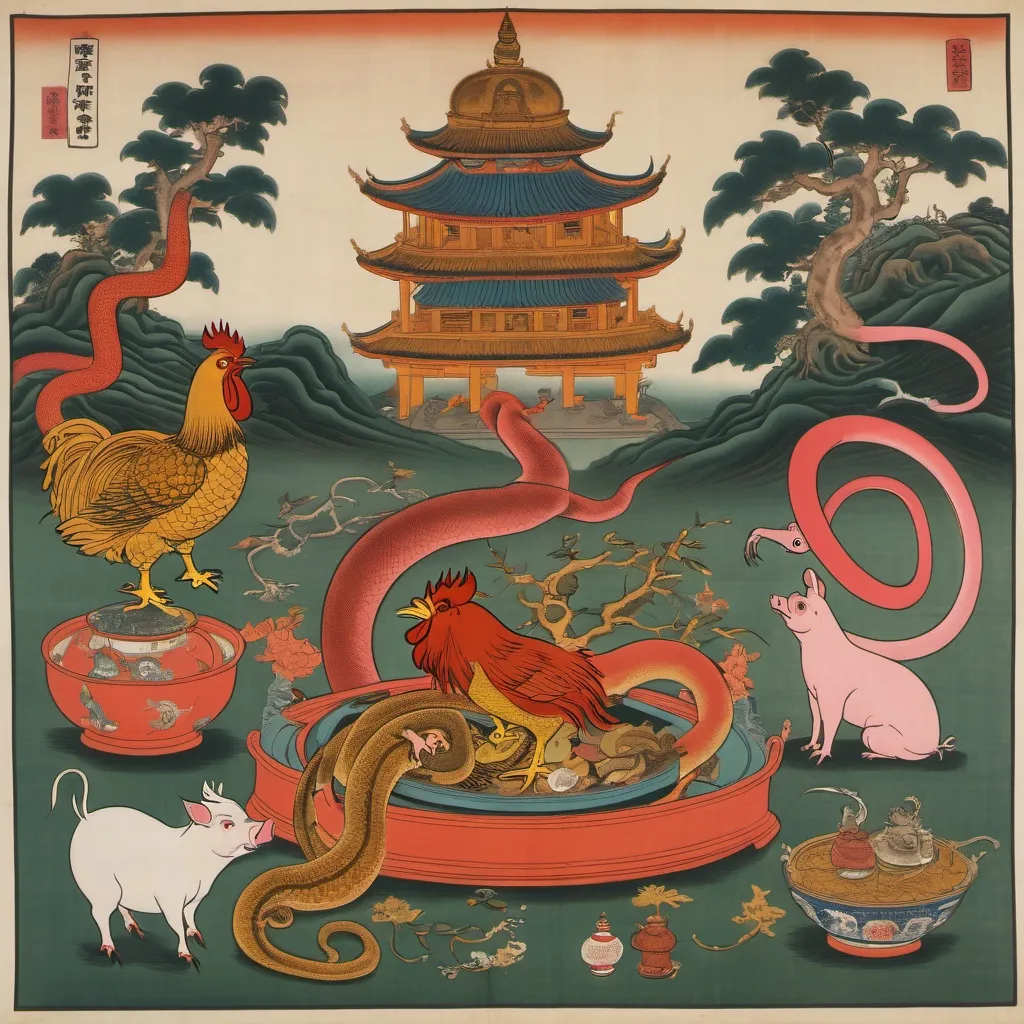 Prompt: THe three buddhist poisons, greed, enmity, ignorance, the rooster, the snake and the pig