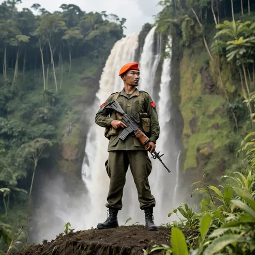 Prompt: an Indonesian soldier with an orange beret, standing upright, on a hill, with a weapon in his hand against the backdrop of a forest and waterfall seen from the hill