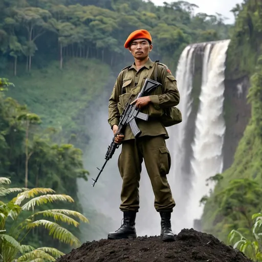 Prompt: an Indonesian soldier with an orange beret, standing upright, on a hill, with a weapon in his hand against the backdrop of a forest and waterfall seen from the hill