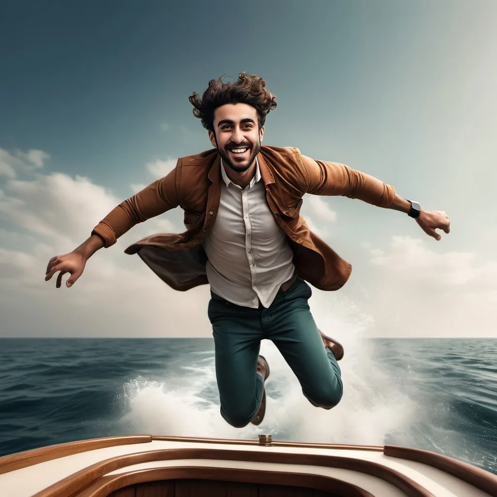 Prompt: a man is flying through the air on a boat in the ocean with a smile on his face and arms, Amir Zand, art photography, adobe photoshop, a character portrait