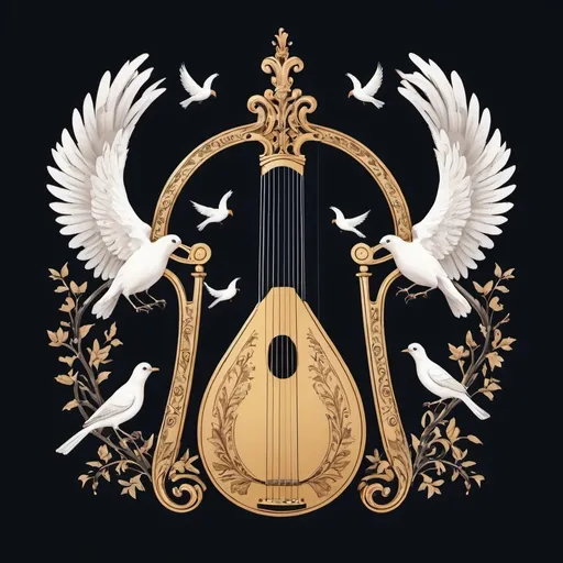 Prompt: Logo containing heaven and lyre and birds