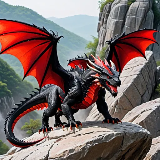 Prompt: Massive Black dragon with red wings, flex wings, on a rock hill